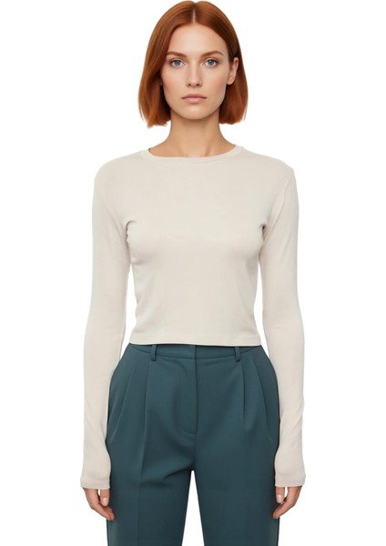 Kadın Pembe Viskon Ribana Dokulu Fitted Bisiklet Yaka Uzun Kollu Crop Bluz Günlük Kullanıma Uygun modelleri