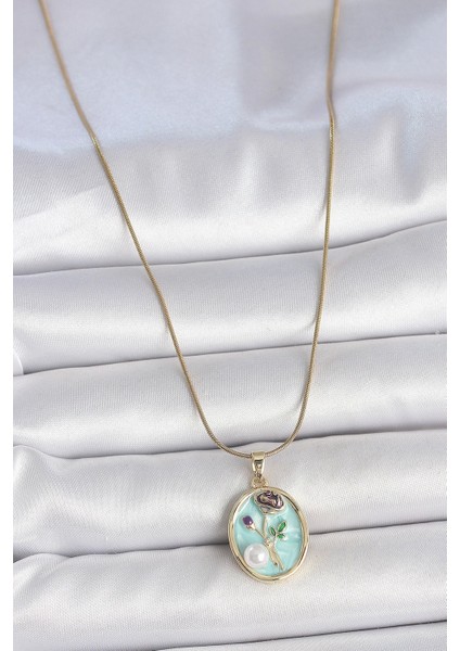 Bfs 316L Çelik Gold Renk Zincir Mavi Çiçek Işlemeli Inci Detay Portre Model Kadın Kolye fiyatları