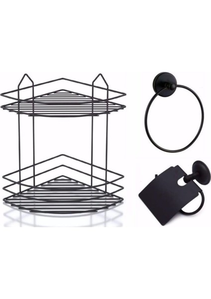 Haus Aksesuar Seti 3&apos;lü Siyah, Ömür Boyu Paslanmaz Köşelik Duş Rafı Şampuanlık Siyah Ek-02