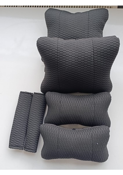 Siyah Kumaş Ortopedik Oto Boyun Yastığı+Bel Yastığı+Emniyet Kemer Pedi