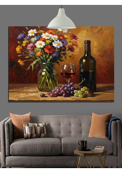 Çiçekler Şarap Şişesi Natürmort Dekoratif Kanvas - Mdf Ahşap Tablo