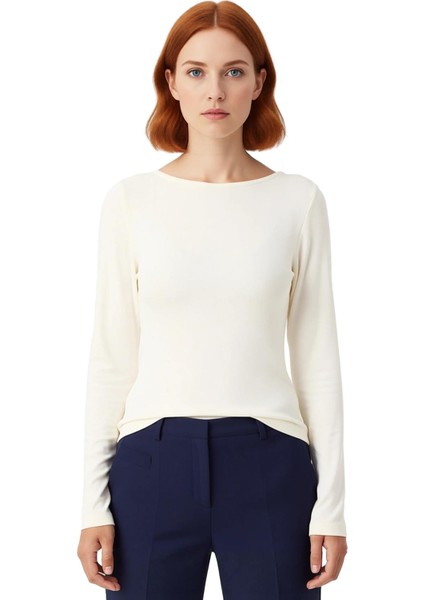 Kadın Vücuda Oturan Kayık Yaka Uzun Kollu Esnek Örme Tişört Kaliteli Şık Rahat Modern Zarif fiyatları