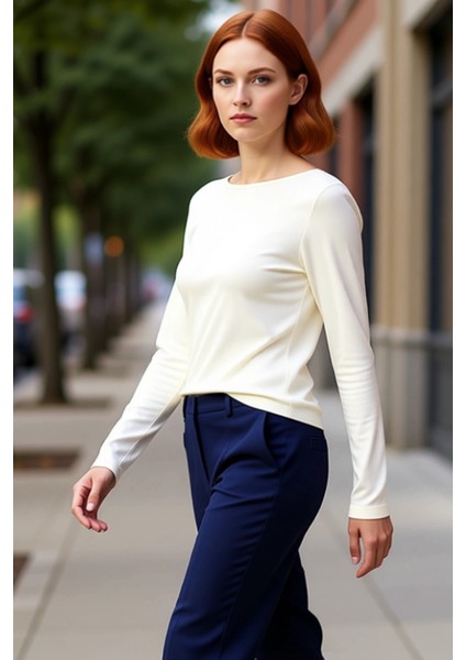 Kadın Vücuda Oturan Kayık Yaka Uzun Kollu Esnek Örme Tişört Kaliteli Şık Rahat Modern Zarif fırsatları