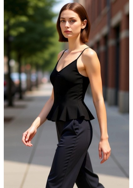 Kadın Dokuma Bluz Kalp Yaka Peplum Kesim ve Ince Askılar Kaliteli Şık Rahat Modern Zarif Günlük fırsatları