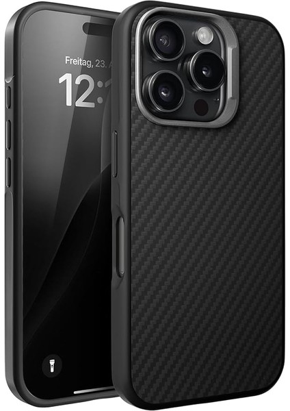 iPhone 16 Pro Için Fiber Karbon Materyal Arka Bölüm Metal Lens Çerçeveli ve Metal Tuşlu Sararmayan ve Çizilmeyen Güçlü Darbe Emici Premium Silikon Kılıf (Siyah, 16 Pro)