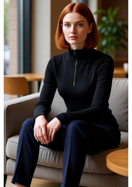 Kadın Moda Şık Üst Giyim Regular Fermuarlı Yaka Slim Kalıp Örme Fitted Vücuda Oturan Esnek Bluz