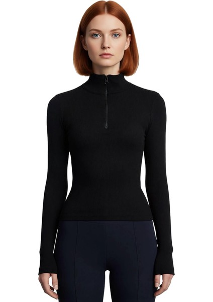 Kadın Moda Şık Üst Giyim Regular Fermuarlı Yaka Slim Kalıp Örme Fitted Vücuda Oturan Esnek Bluz fiyatları