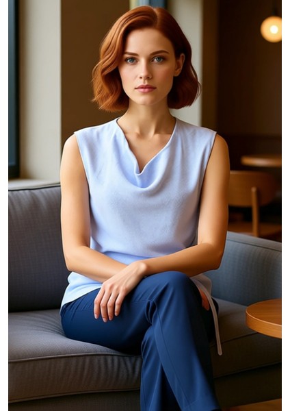 Kadınlar Için Zarif Degaje Yaka Asimetrik Kesim Kolsuz Triko Bluz Kaliteli Şık Rahat Modern