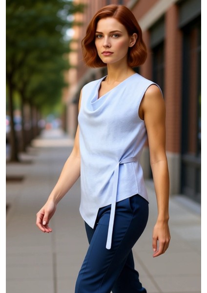 Kadınlar Için Zarif Degaje Yaka Asimetrik Kesim Kolsuz Triko Bluz Kaliteli Şık Rahat Modern fırsatları