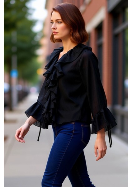 Kadın V Yaka Bağcıklı Uzun Kollu Düz Dokuma Bluz Kaliteli Şık Rahat Modern Zarif Günlük