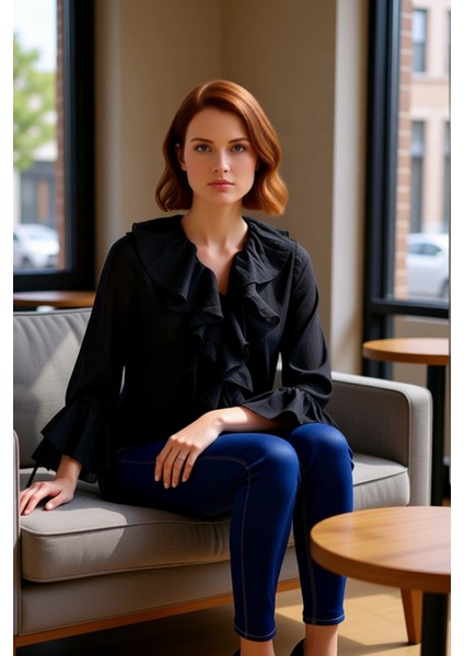 Kadın V Yaka Bağcıklı Uzun Kollu Düz Dokuma Bluz Kaliteli Şık Rahat Modern Zarif Günlük fiyatları