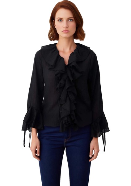 Kadın V Yaka Bağcıklı Uzun Kollu Düz Dokuma Bluz Kaliteli Şık Rahat Modern Zarif Günlük modelleri