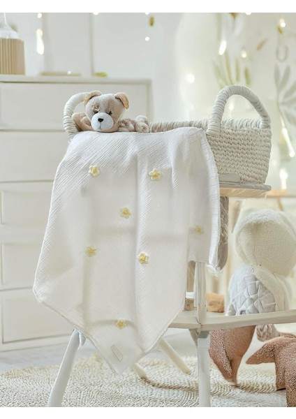 And Işlemeli Dokusu Pamuk Müslin Bebek Battaniyesi 75X75 cm (Beyaz)