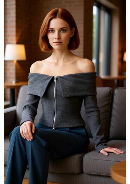 Kadınlar Için Fermuarlı Yaka Detaylı Fitilli Esnek Örme Bluz Kaliteli Şık Rahat Modern Zarif