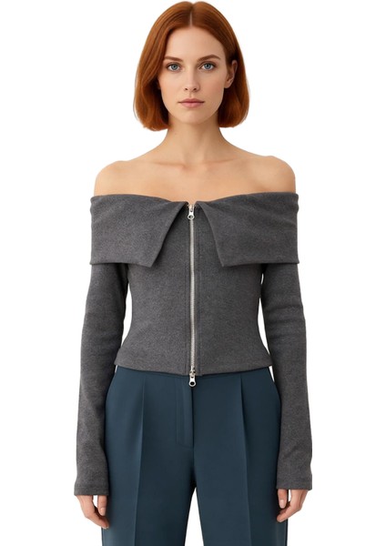 Kadınlar Için Fermuarlı Yaka Detaylı Fitilli Esnek Örme Bluz Kaliteli Şık Rahat Modern Zarif fiyatları