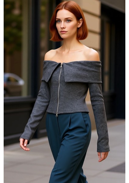 Kadınlar Için Fermuarlı Yaka Detaylı Fitilli Esnek Örme Bluz Kaliteli Şık Rahat Modern Zarif fırsatları