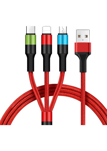 3 In 1 Hızlı Şarj Kablosu, Örgülü 1.2m Kırmızı, Lightning, Type-C, Micro Usb, 3A Güçlü Dayanıklı Kablo, Ios ve Uyumlu