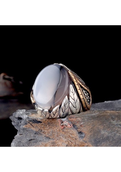 Orjinal Yemen Akik Taşlı Yaprak Motifli 925 Ayar Gümüş Erkek Yüzük