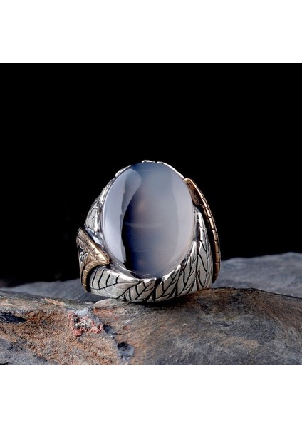 Orjinal Yemen Akik Taşlı Yaprak Motifli 925 Ayar Gümüş Erkek Yüzük modelleri