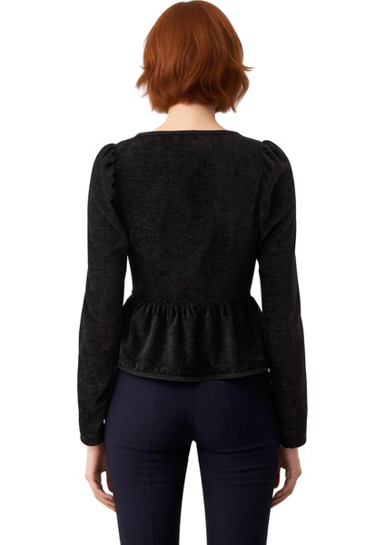 Kadın V Yaka Bağcıklı Peplum Detaylı Uzun Kollu Dokuma Üst Kaliteli Şık Rahat Modern Zarif fiyatları