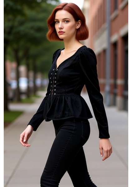 Kadın V Yaka Bağcıklı Peplum Detaylı Uzun Kollu Dokuma Üst Kaliteli Şık Rahat Modern Zarif modelleri