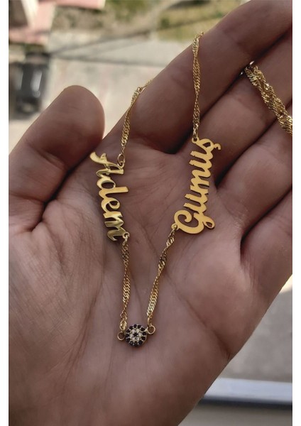 925 Ayar Gümüş 24 Ayar Altın Kaplama 2 Isimli Nazar Boncuklu Kolye