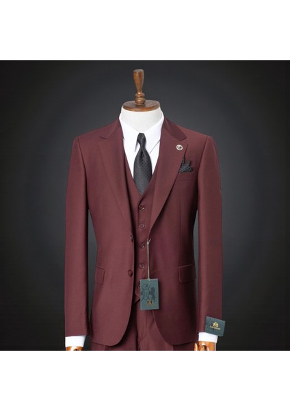 Erkek Takım Elbise, Mono Yaka, Blazer, Slımfıt, Bordo