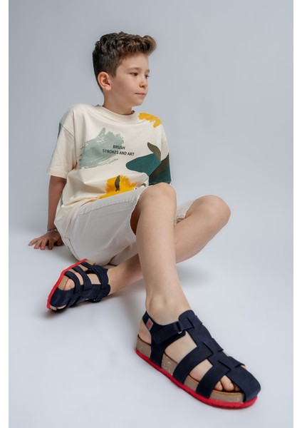 Unisex Çocuk Lacivert Hakiki Deri Mantar Tabanlı Günlük Çocuk Sandalet