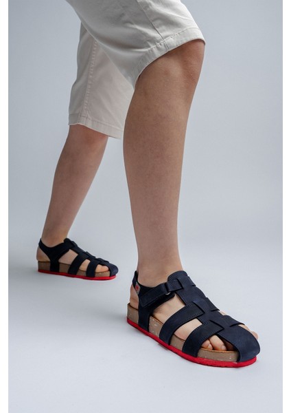 Unisex Çocuk Lacivert Hakiki Deri Mantar Tabanlı Günlük Çocuk Sandalet