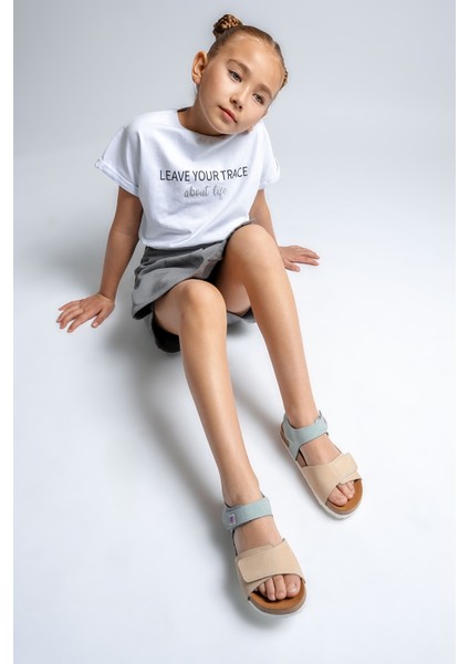 Unisex Çocuk Sarı-Su Yeşili Hakiki Deri Mantar Tabanlı Günlük Çocuk Sandalet