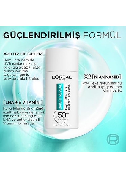 Parıs Bright Reveal SPF50, Koyu Leke Karşıtı Fluid Günlük Yüz Güneş Kremi 50ML modelleri