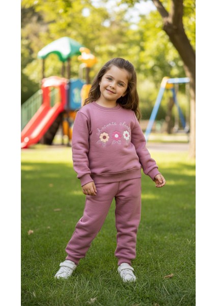 Kız Çocuk Kışlık Eşofman Takımı Sweatshirt Alt Pamuklu Üç Iplik Şardonlu Günlük Kombin 3-4-5-6-7 Yaş