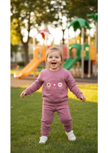 Kız Çocuk Kışlık Eşofman Takımı Sweatshirt Alt Pamuklu Üç Iplik Şardonlu Günlük Kombin 3-4-5-6-7 Yaş fırsatları