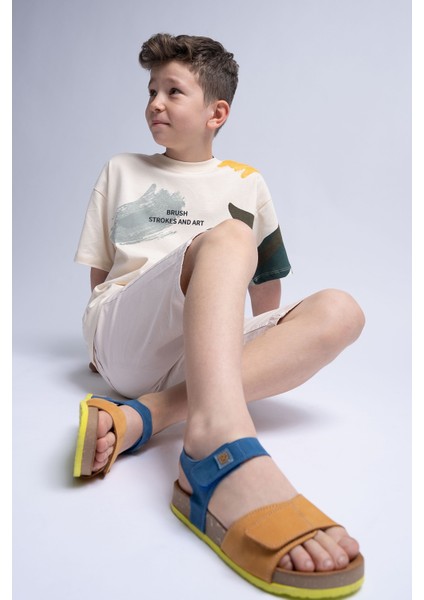 Unisex Çocuk Sarı-Saks Hakiki Deri Mantar Tabanlı Günlük Çocuk Sandalet