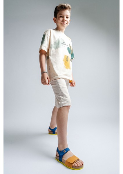 Unisex Çocuk Sarı-Saks Hakiki Deri Mantar Tabanlı Günlük Çocuk Sandalet