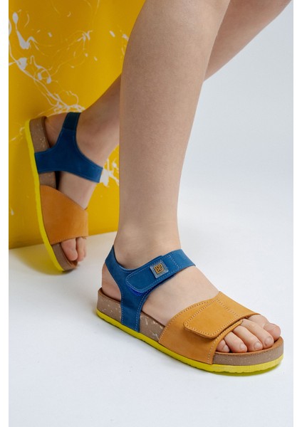 Unisex Çocuk Sarı-Saks Hakiki Deri Mantar Tabanlı Günlük Çocuk Sandalet