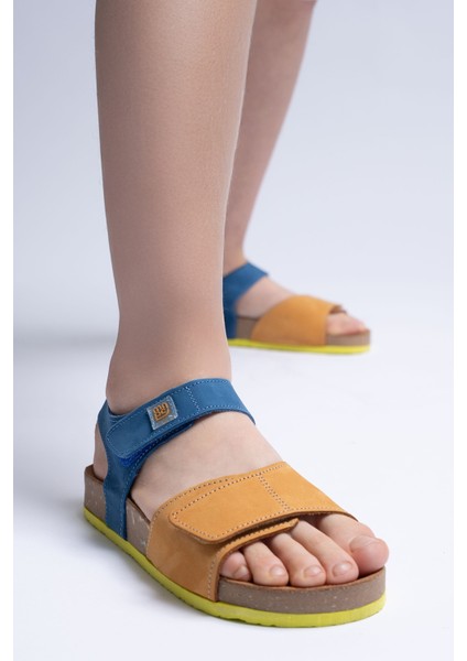 Unisex Çocuk Sarı-Saks Hakiki Deri Mantar Tabanlı Günlük Çocuk Sandalet