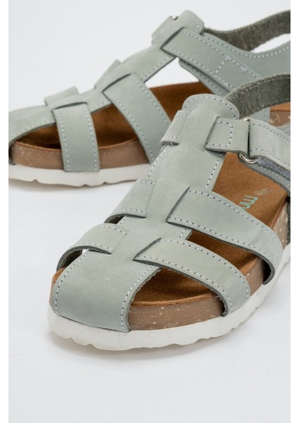 Unisex Çocuk Su Yeşili Hakiki Deri Mantar Tabanlı Günlük Çocuk Sandalet