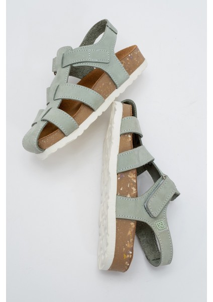 Unisex Çocuk Su Yeşili Hakiki Deri Mantar Tabanlı Günlük Çocuk Sandalet