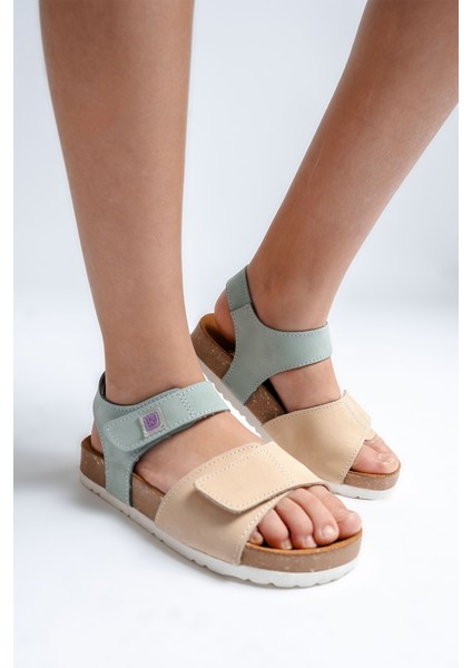 Unisex Çocuk Sarı-Su Yeşili Hakiki Deri Mantar Tabanlı Günlük Çocuk Sandalet