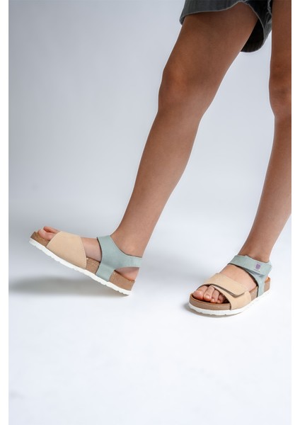 Unisex Çocuk Sarı-Su Yeşili Hakiki Deri Mantar Tabanlı Günlük Çocuk Sandalet