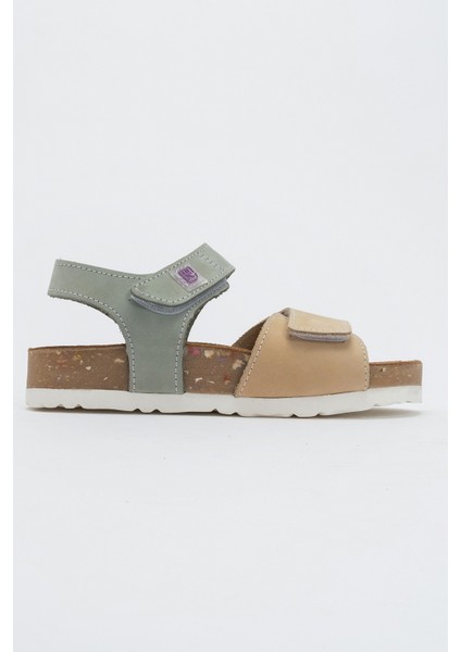 Unisex Çocuk Sarı-Su Yeşili Hakiki Deri Mantar Tabanlı Günlük Çocuk Sandalet