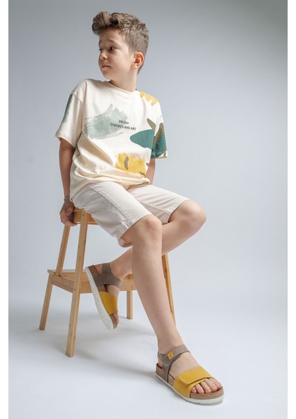 Unisex Çocuk Gri-Sarı Hakiki Deri Mantar Tabanlı Günlük Çocuk Sandalet