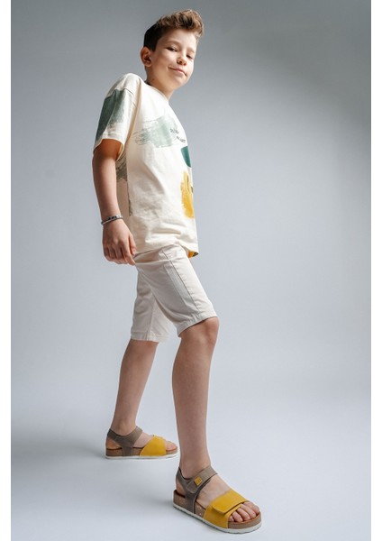 Unisex Çocuk Gri-Sarı Hakiki Deri Mantar Tabanlı Günlük Çocuk Sandalet