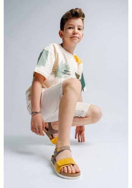 Unisex Çocuk Gri-Sarı Hakiki Deri Mantar Tabanlı Günlük Çocuk Sandalet