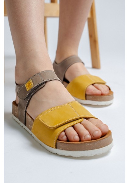 Unisex Çocuk Gri-Sarı Hakiki Deri Mantar Tabanlı Günlük Çocuk Sandalet