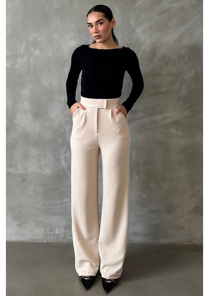 Açık Bej Likralı Cırt Kapamalı Palazzo Pantolon MG2291