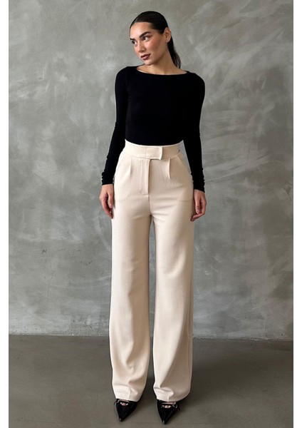 Açık Bej Likralı Cırt Kapamalı Palazzo Pantolon MG2291
