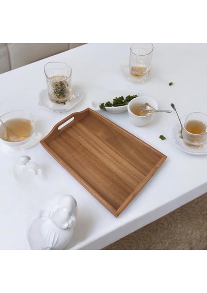 Akasya Ağacından Dikdörtgen Sunum Tepsi, Ahşap Çay, Kahve ve Servis Tepsisi (33X22X5CM)
