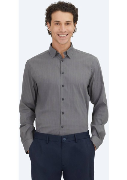 Antrasit Çizgili Regular Fit Dokuma Spor Pamuk Karışımlı Gömlek